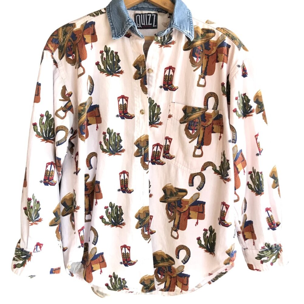 Quizz New York Western Style Button-Down Shirt, Cowboy Print Denim Collar Size M